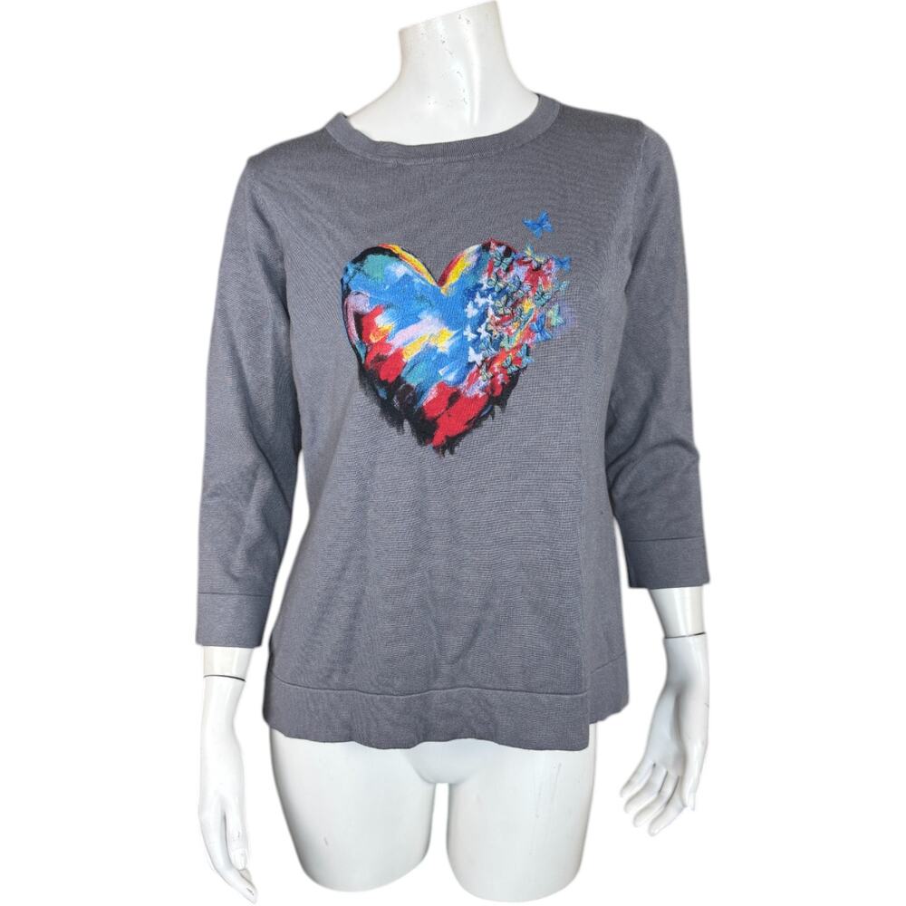 Attitudes by‎ Renee Printed Statement Sweater Heart Flutters Medium Gray